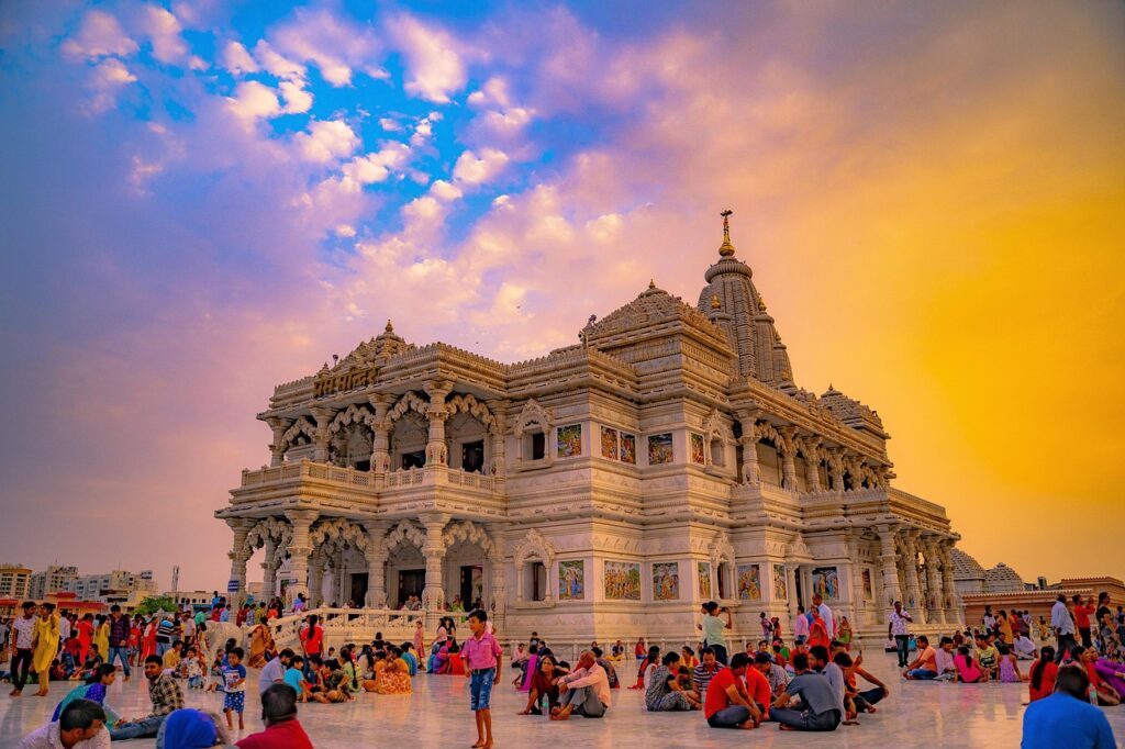 indian temple, vrindavan, mathura, radha krishna, pram temple, pram mandir, pram, temple, nature, outdoor, religion, people, asia, india, religious, hindu, landscape, radha, mandir, sunset, krishna, sky, architecture, prem, white, building, radha krishna, krishna, krishna, krishna, krishna, krishna